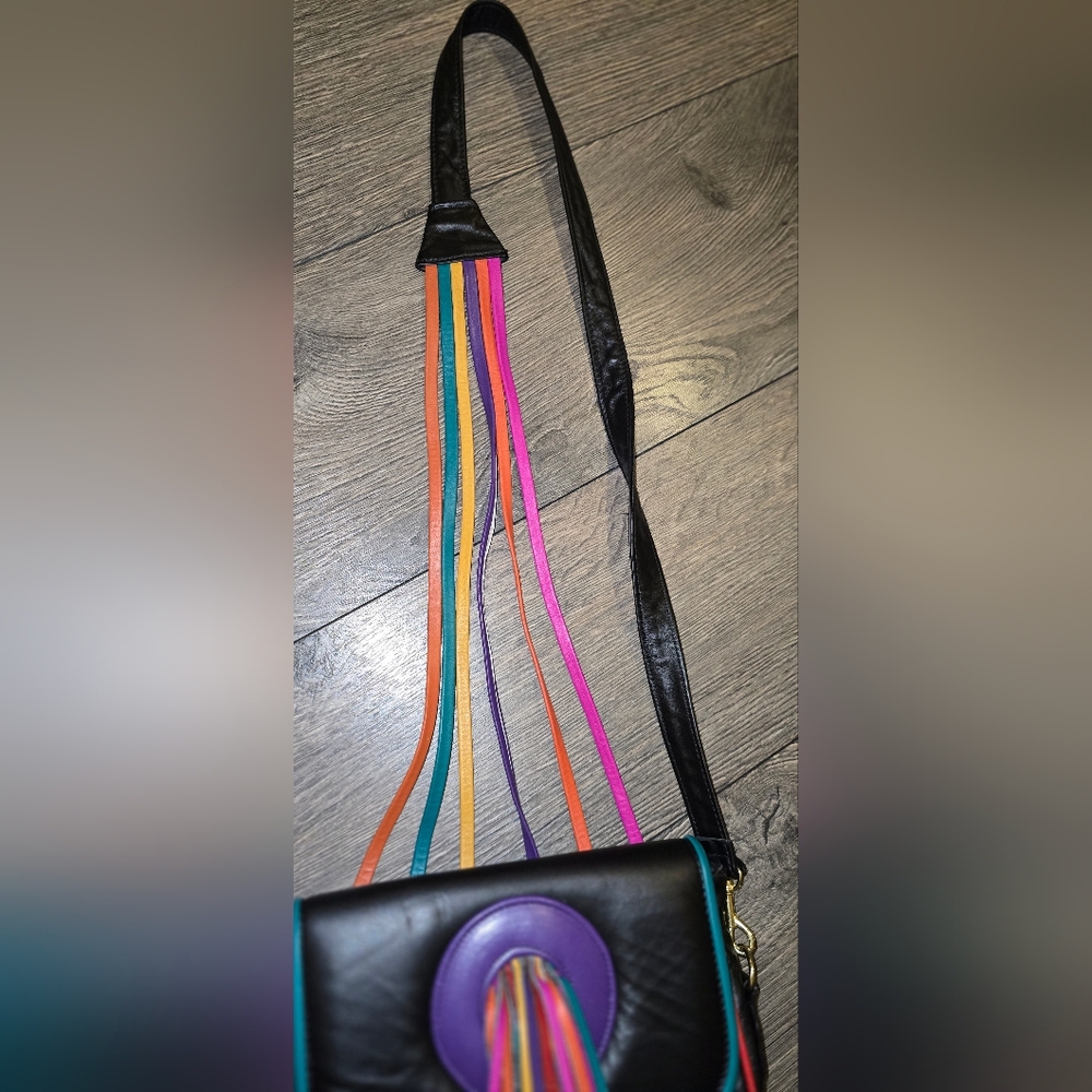Leather Vintage Noble Crossbody Multicolor Fringe USA Festival Bag 80s Cochella - Picture 5 of 10